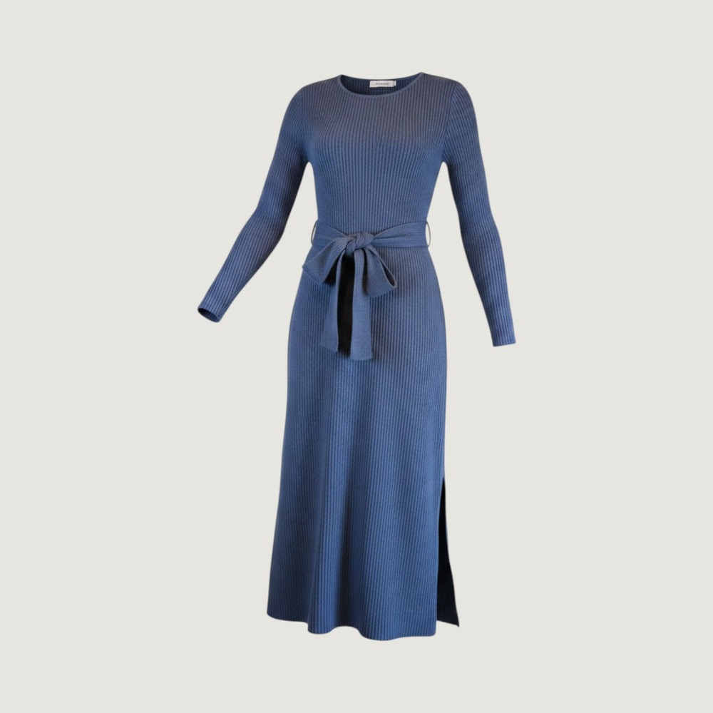 Anrabess‎ Blue Ribbed Knit Tie Waist Midi Sweater Dress Long Sleeve Large
